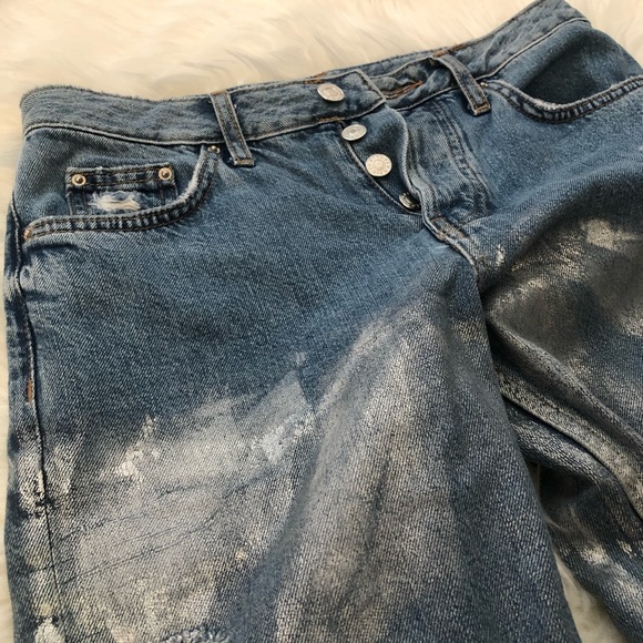 TopShop Moto Distressed Silver Sheen Cropped Ripped Button Up Jeans Sz - Picture 7 of 9